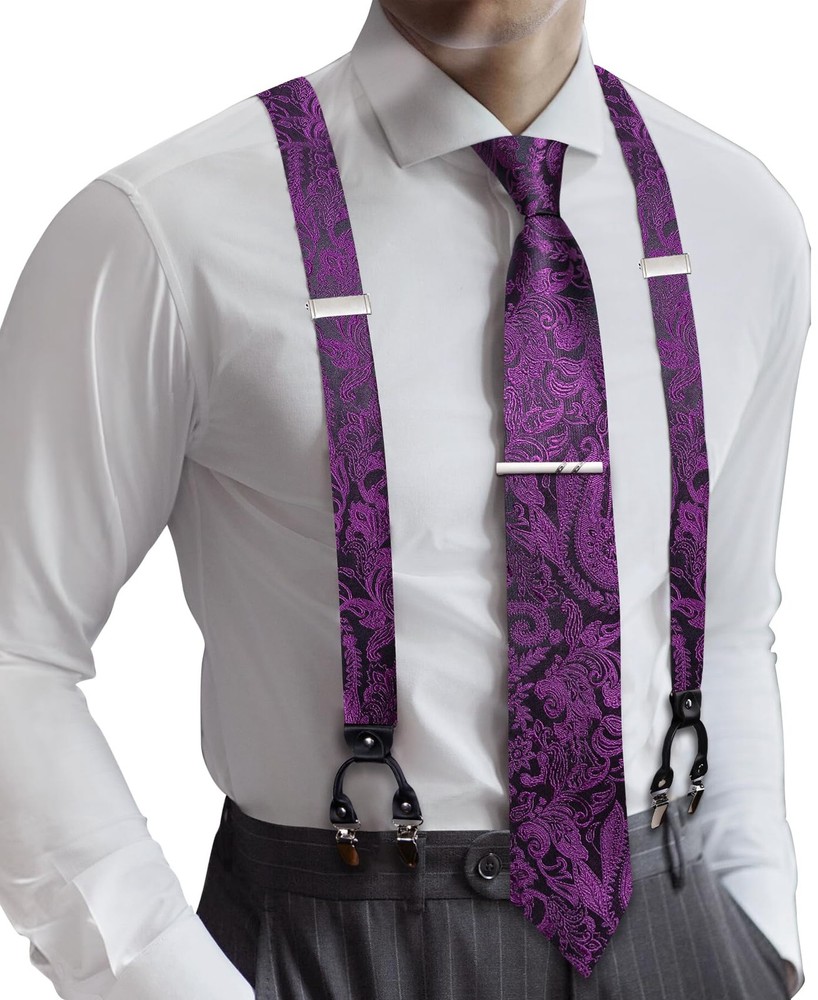 Barry.Wang Men Suspender Set with Necktie Elastic Y One Size, Paisley Purple