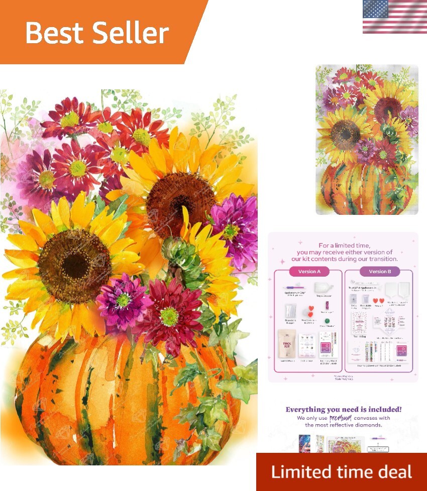 Pumpkin with Sunflowers Diamond Painting Kit, Floral Diamond Canvas, Round 5D...