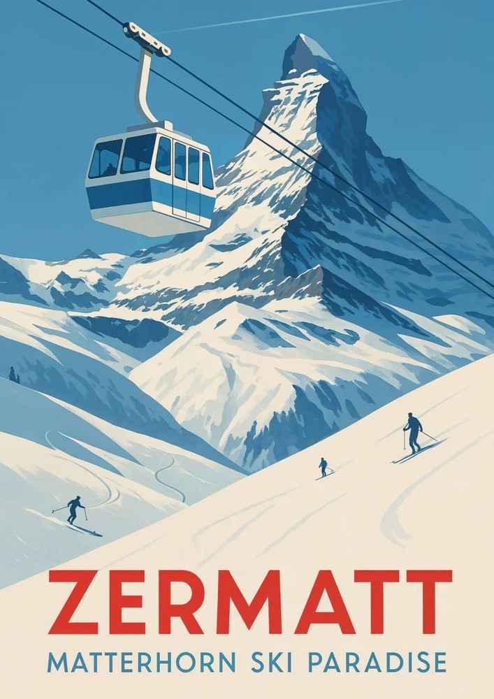Zermatt Matterhorn Ski Paradise Vintage Travel Poster Print Wall Art