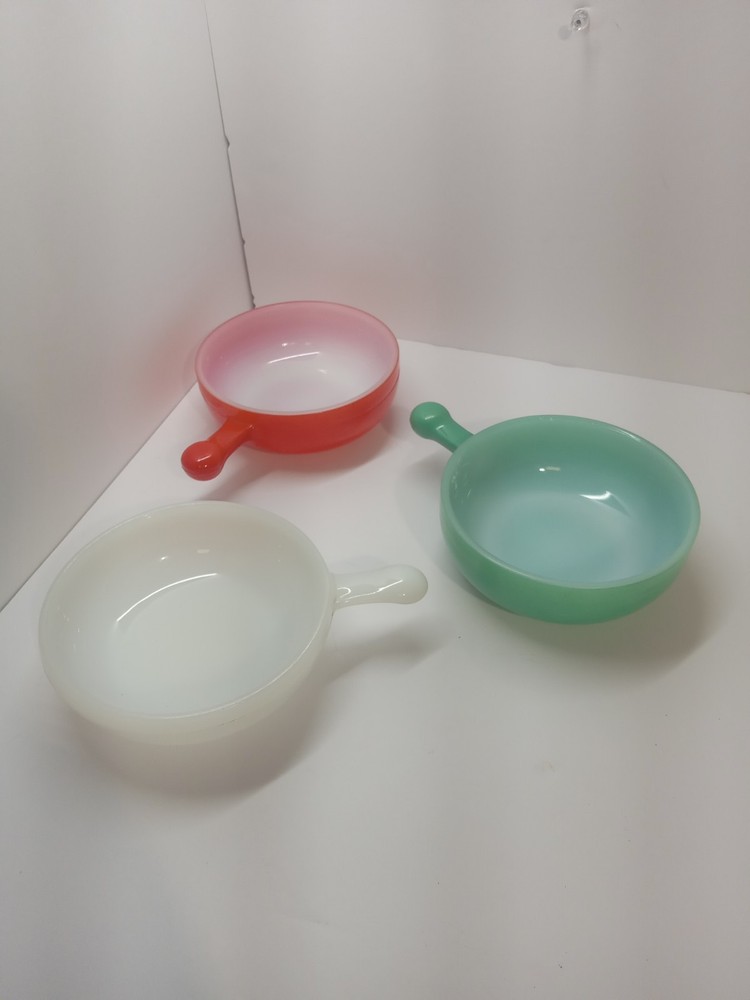 Vintage Glasbake Soup Bowls with Handles Red White Blue Green Old Glass USA C4