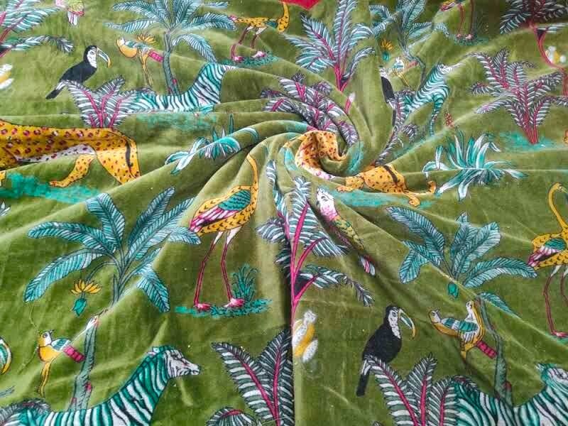 Bohemian Soft Green Velvet Fabric with Animal Print for Dresses & Upholstery