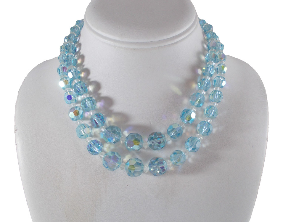 Vintage 2 Strand Blue Crystal Beads Choker Necklace