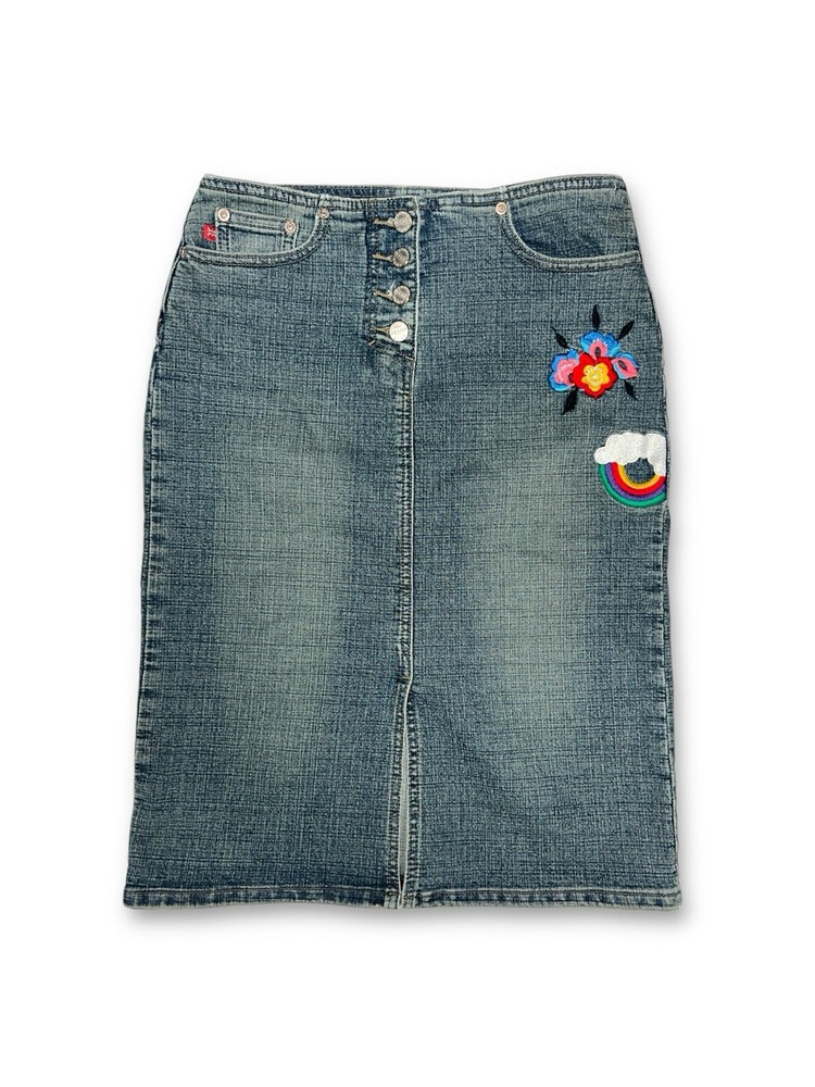 london blue denim pencil midi skirt embroidered y2k size M 28''