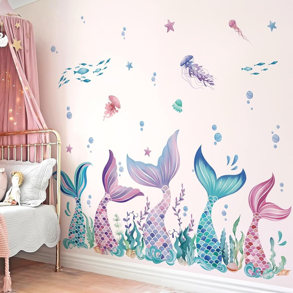 Mermaid Tail Wall Stickers under the Sea Mermaid Bubble Seaweed Peel