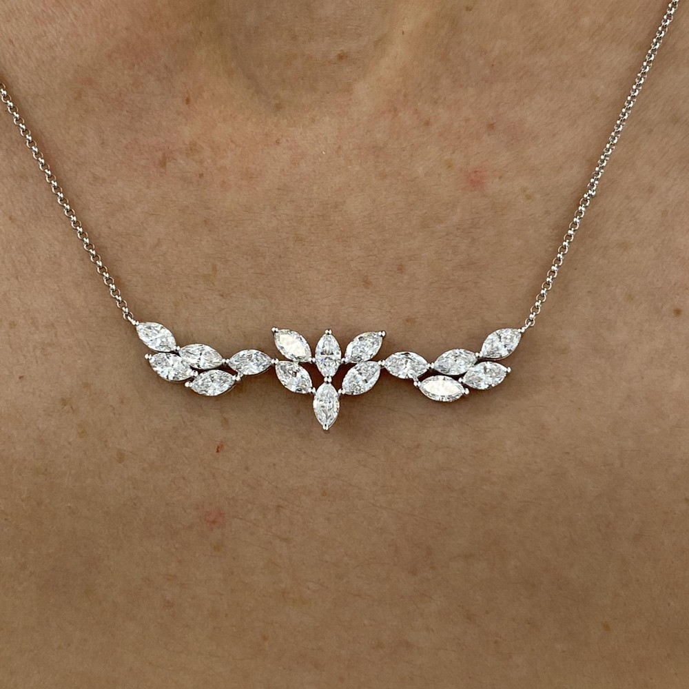 Marquise Lab Created Diamond Necklace 14k White Gold Cluster Set F/VS 2.1 Ct