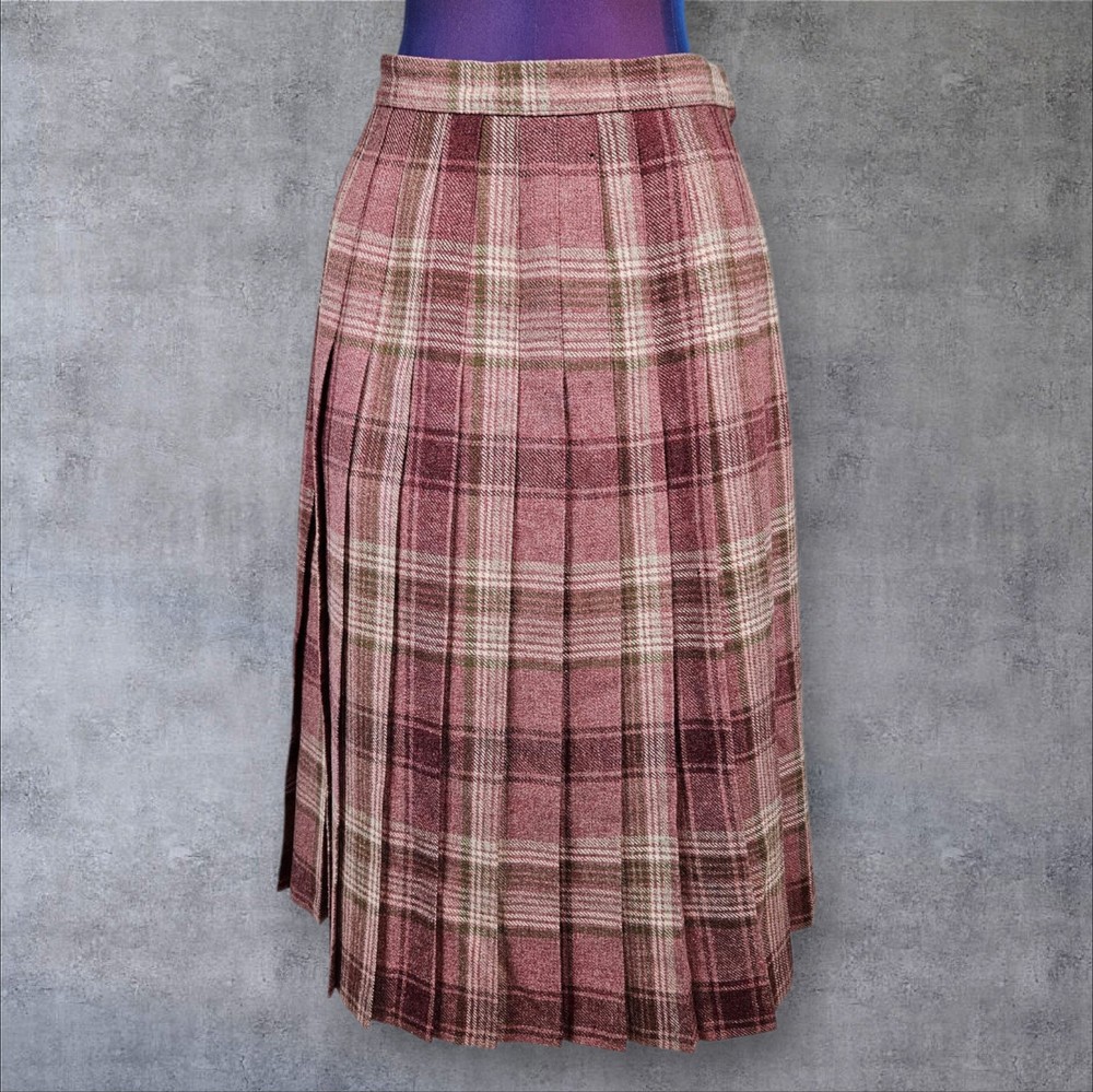 Vintage Pink Plaid Wool Pleated Midi Skirt by Edinburgh Woollen Mill Size 12 E79
