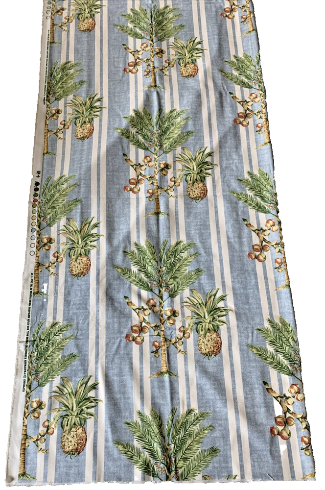 Vintage P Kaufmann Blue Cotton Chambray Fabric with Tropical Greenery 3.3 Yards Home Decor