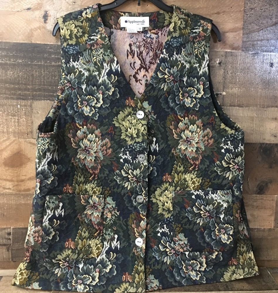 Vintage Tapestry Vest Womens 18 Cottagecore Floral Grannycore Cabin 90s Pockets