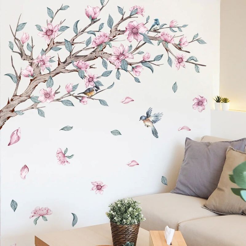 Flower Tree Branch Decal with Birds - Removable Wall Sticker for Bedroom & Home Decor