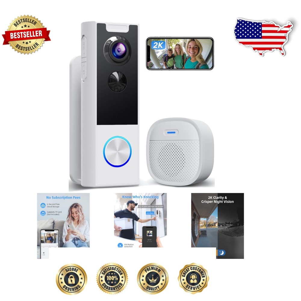 IP65 Weatherproof Video Doorbell Camera with 2K HD Resolution & Smart Alerts