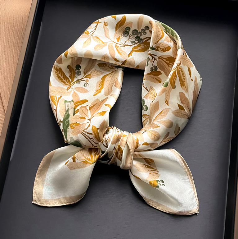 100% Mulberry Silk Scarf Yellow Leaves Square Bandana Wrap 21