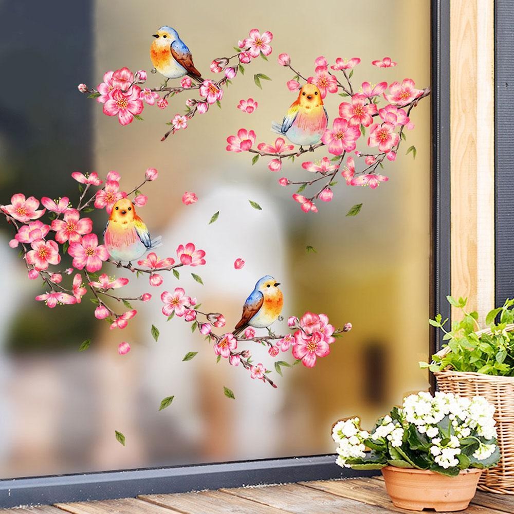 Pink peach blossom branch bird window sticker glass sticker decorative wall X3V4