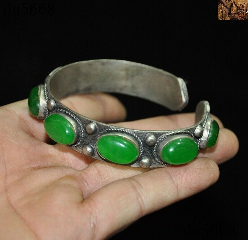 China palace dynasty silver inlay green gem Exorcism amulet bracelet Hand chain