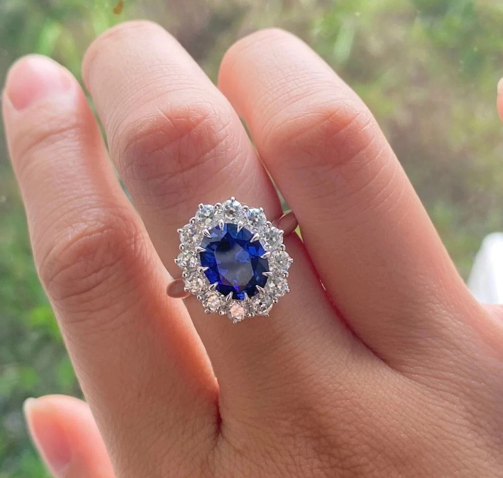 4.21 Ct Oval Cut Natural Blue Sapphire Diamond Ring 14K Solid White Gold