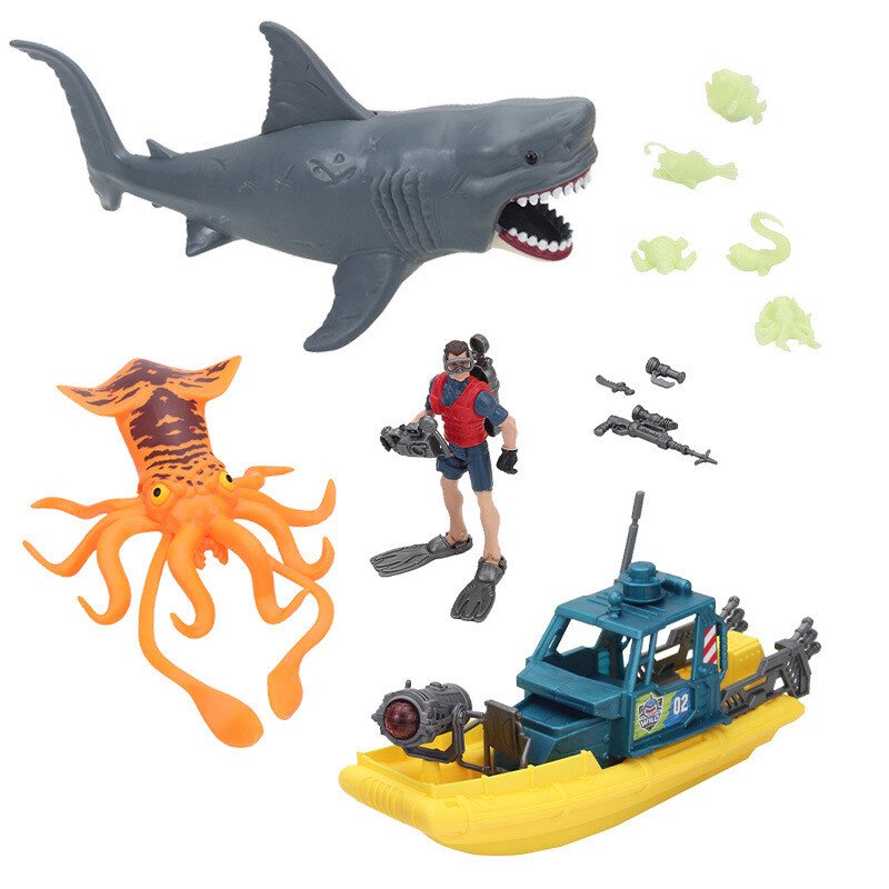 Chap Mei Shark Rubber Boat Marine Animals Great White Shark Squid Scene Model