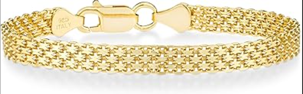 18K Gold Sterling Silver Italian 6mm Solid Bismark Mesh Chain Bracelet