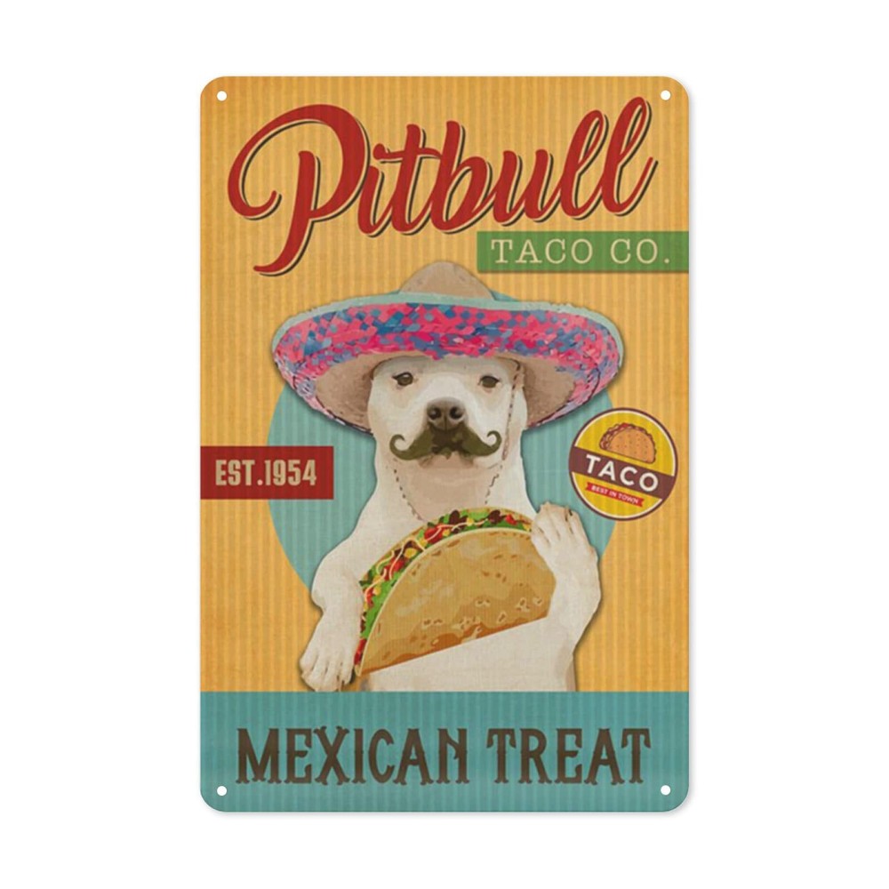 QHOVPA Mexican Pitbull Dog Taco Metal Wall Art Sign