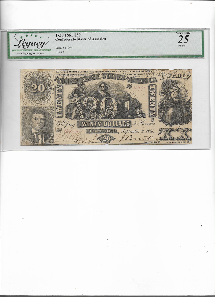 CONFEDERATE STATES OF AMERICA T-20 1861 $20 VERY FINE 25