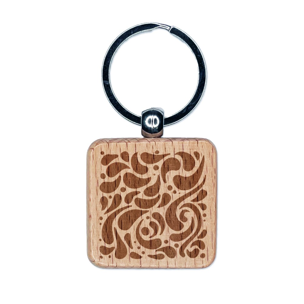 Swirling Water Droplets Abstract Pattern Engraved Wood Square Keychain Tag Charm