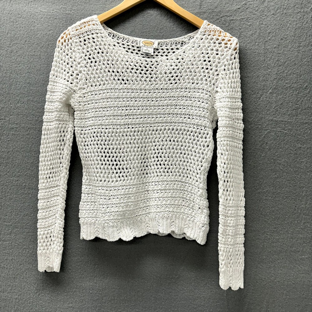 Talbots Sweater Womens Petite Medium Mp White Open Knit Long Sleeve Vintage