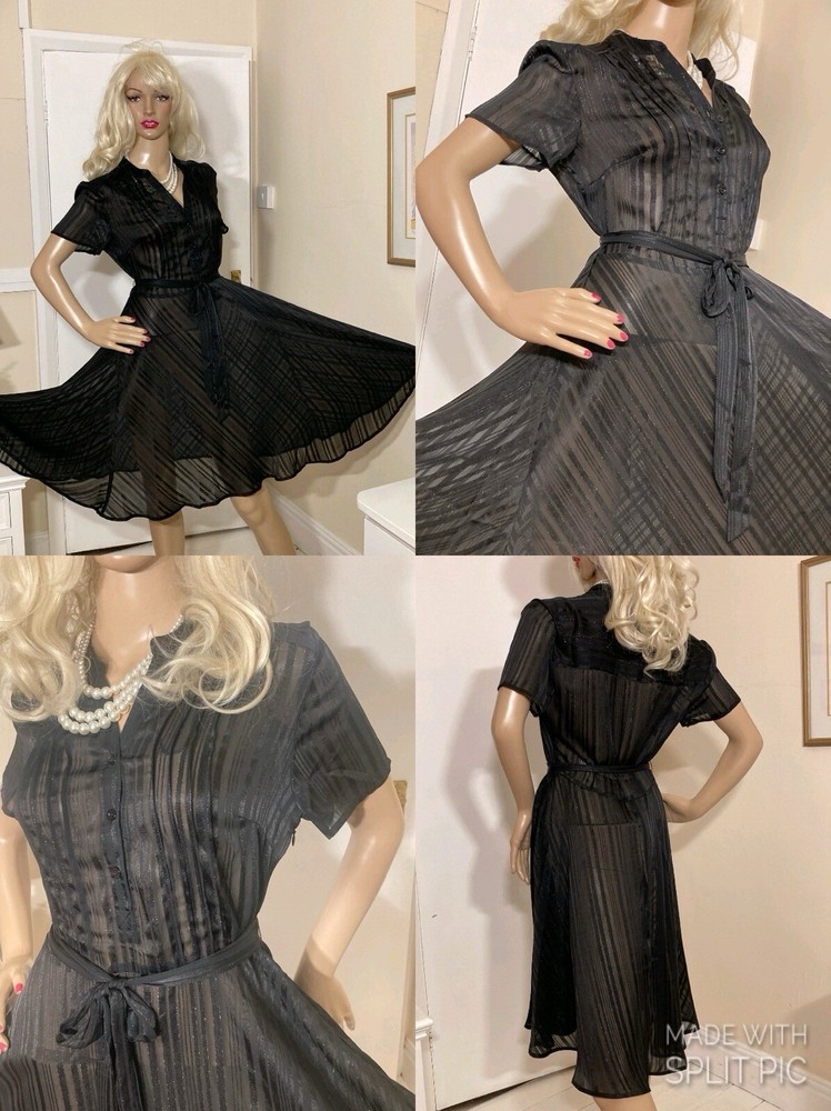 Vintage Western Prairie Swing Dress Sheer Button Front Boho Secretary Style  