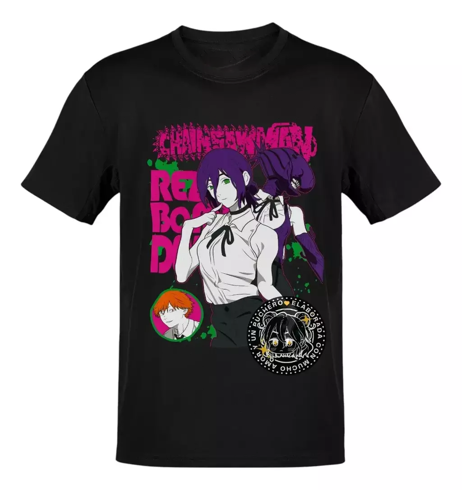Anime Chainsaw Man Reze Arc Reze Letras Rosas Manchas T-Shirt Size S-5XL