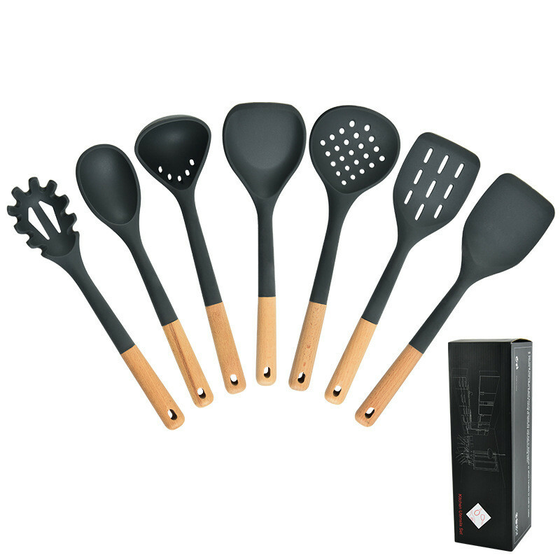 Kitchen Utensil Set of 7 Silcone Wood Handle Heat Resistant Flexible Silicone