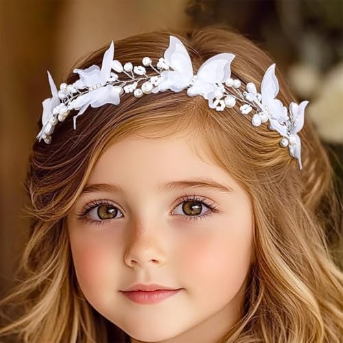 Butterfly Girl White Pearl Hair Band First Communion Headpiece Beaded Headband  