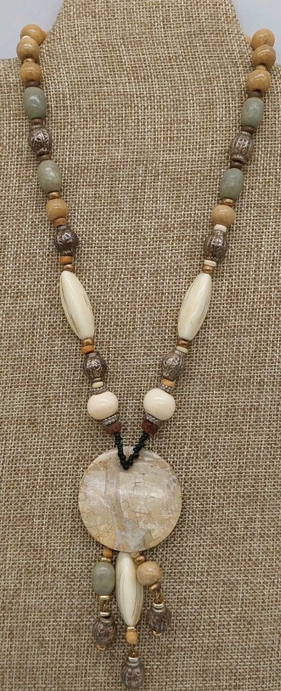 Necklace Beaded Round Pendant Brown Green Beige Metal Plastic Stones