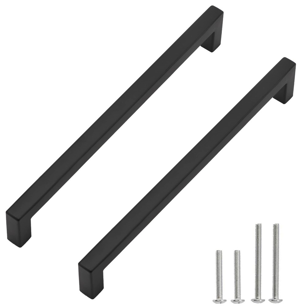 2 PCS 10-Inch Matte Black Cabinet Pulls 256mm Hole Centers Square Stainless Steel Handles