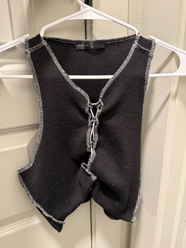 SHEIN Black Knit Cropped Lace-Up Sleeveless V-Neck Top XS