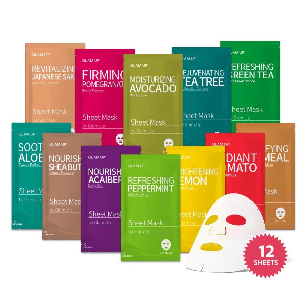 GLAM UP Premium 12-Piece Facial Sheet Mask Combo for Clean Glowing Skin