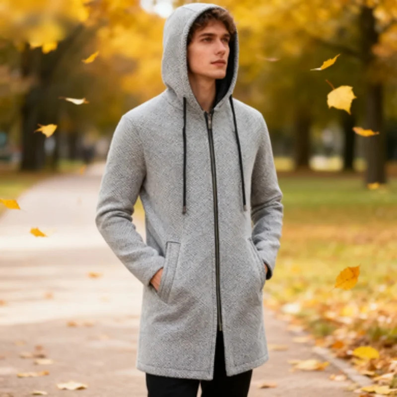 Spring Autumn Men's Hooded Long Jackets Solid Kintting Cardigan Outwear Casual M