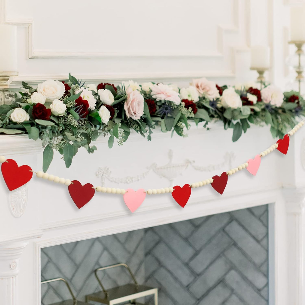 Valentines Day Decorations, Wood Bead Garland with Felt Hearts for Valentine Dec