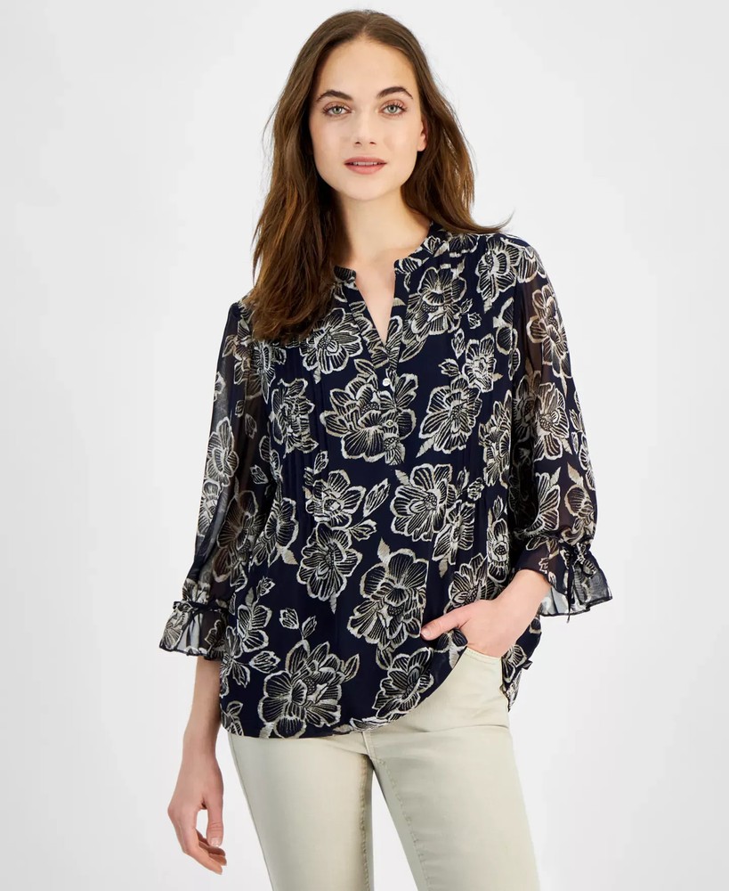 Nautica Jeans Women's Top Sz M Mixed Media Pintucked Popover