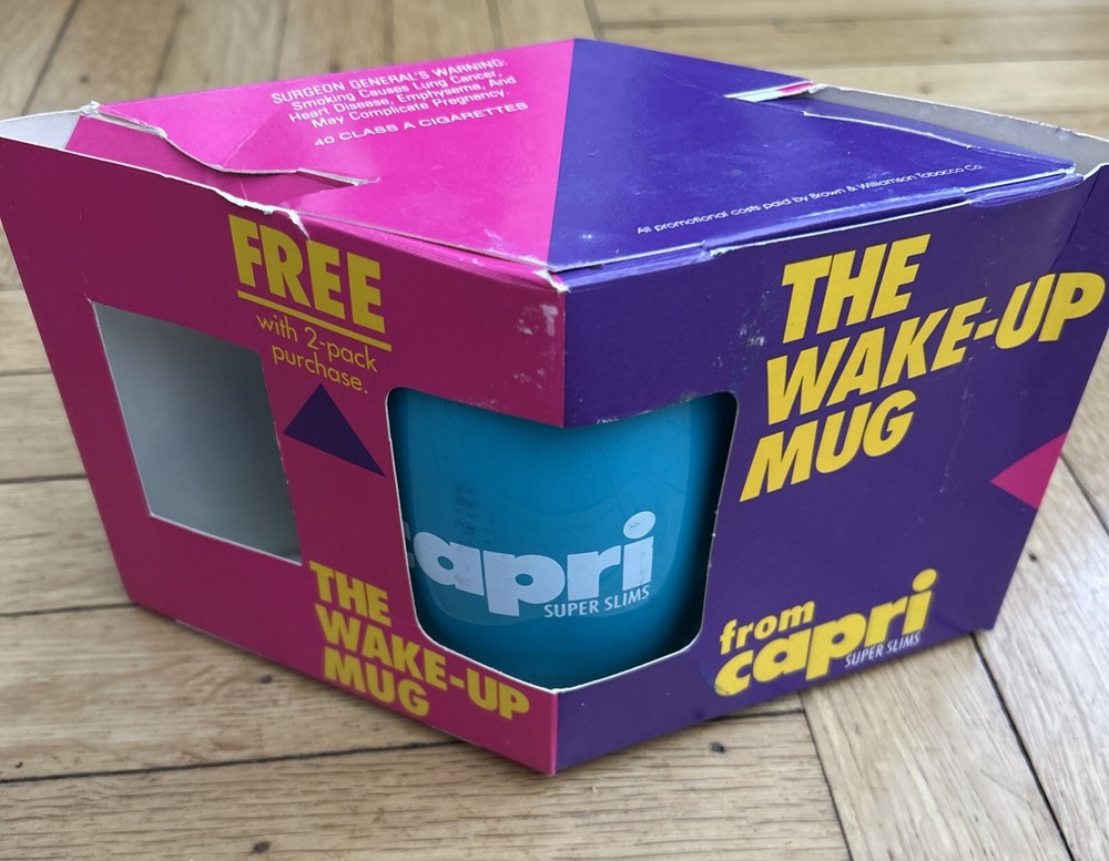 + Vintage Capri Super Slims Cigarettes Teal Plastic Coffee Wake Up Mug Cup NEW