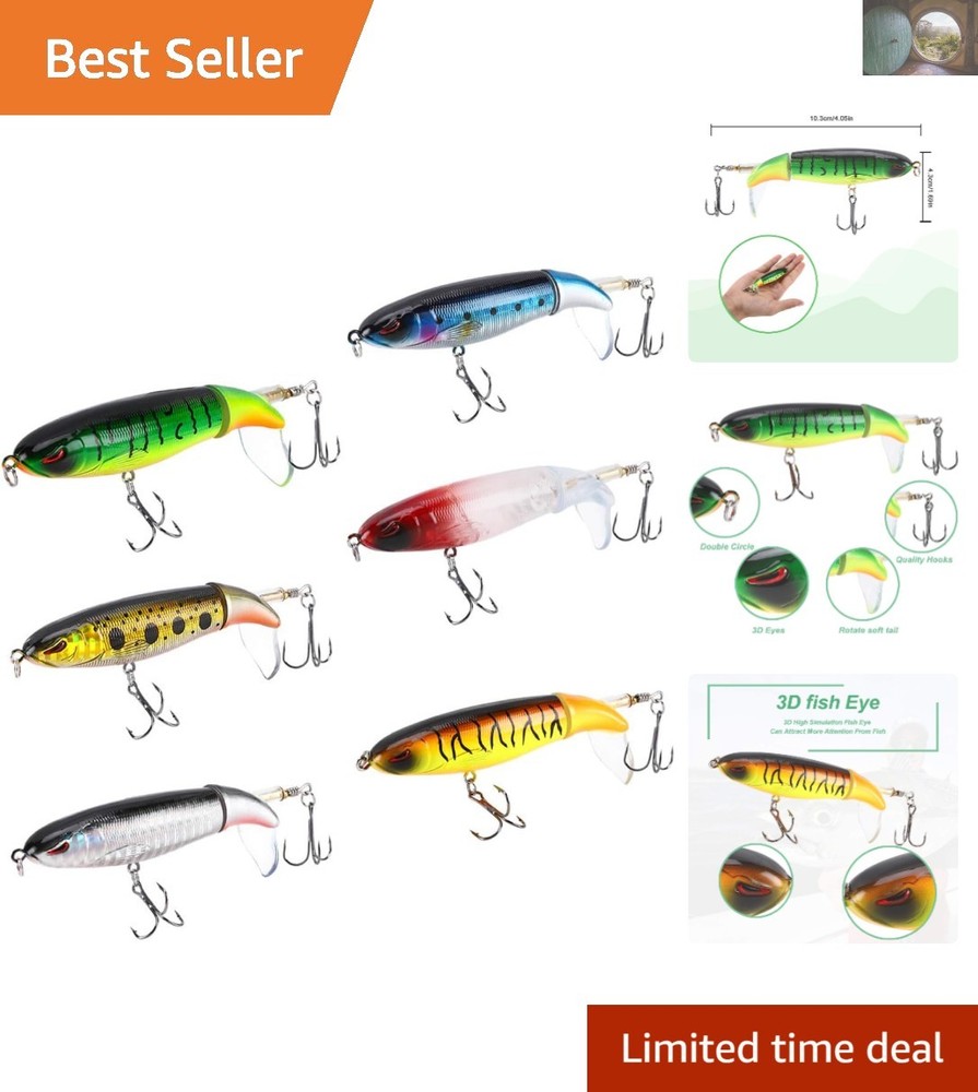 6PCS Bass Popper Lures Kit with Rotating Tail for Fresh and Saltwater Fishing