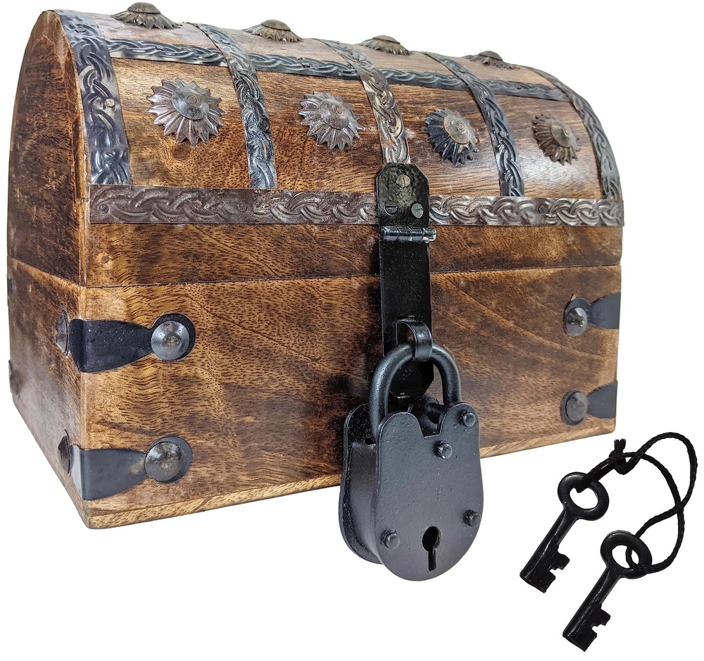 Pirate's Treasure Chest Wooden Nautical Jewelry Box with Functional Lock and ...