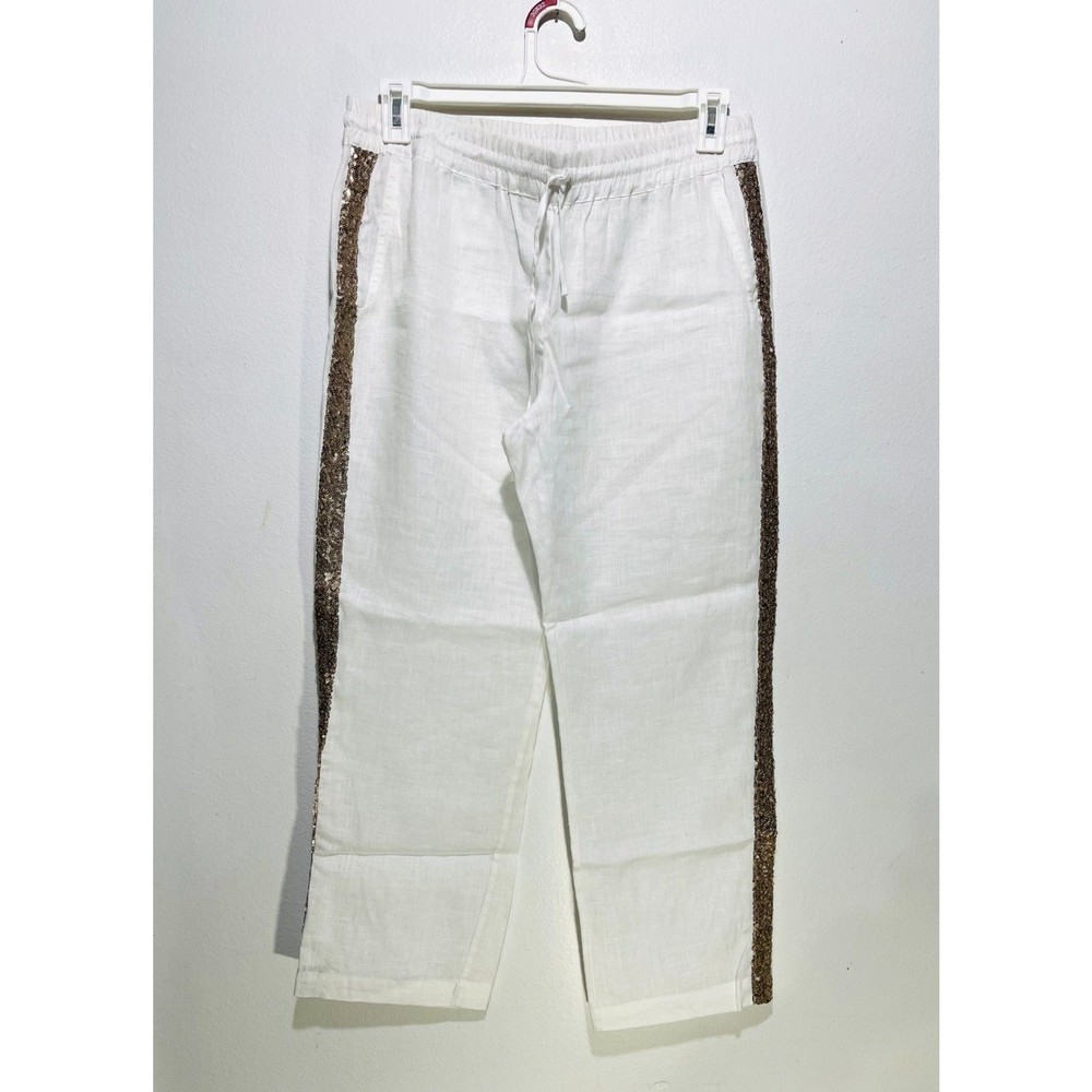Zigna Lino Lavandería Lino Cheer Pull On Pantalones Lentejuelas Blanco Mujer 44 Nuevo