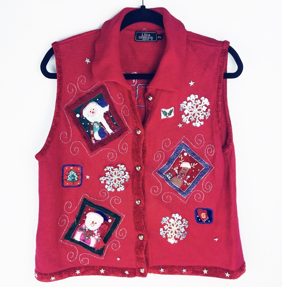 Embellished Christmas Sweater Vest Cardigan Petite XL Red Santa Snowmen Rudolph