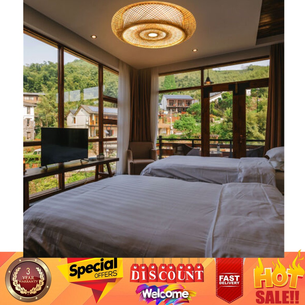 Rustic Bamboo Ceiling Light Art Pendant Lamp Drum Shape Wicker Rattan Fixture US