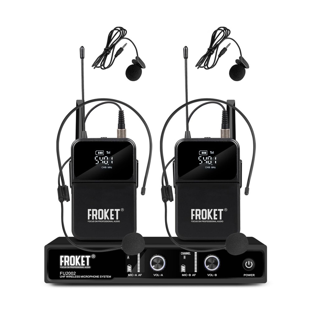Professional UHF Wireless Microphone System: Dual Channel Cordless Lavalier -...