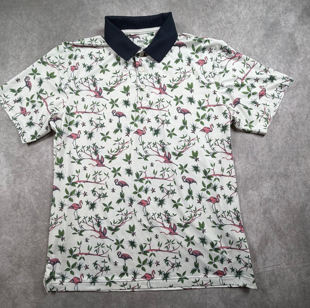 Puma Golf Flamingo Print Polo Shirt Mens Large White Tropical Short Sleeve