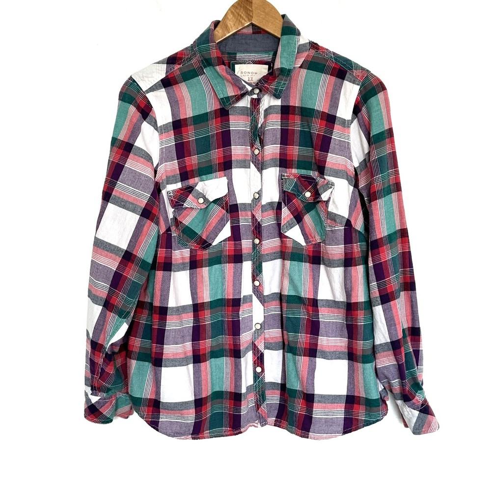 Sonoma Plus Shirt Women’s 1X Plaid Cotton Pearl Snap Long Sleeve Pockets Top