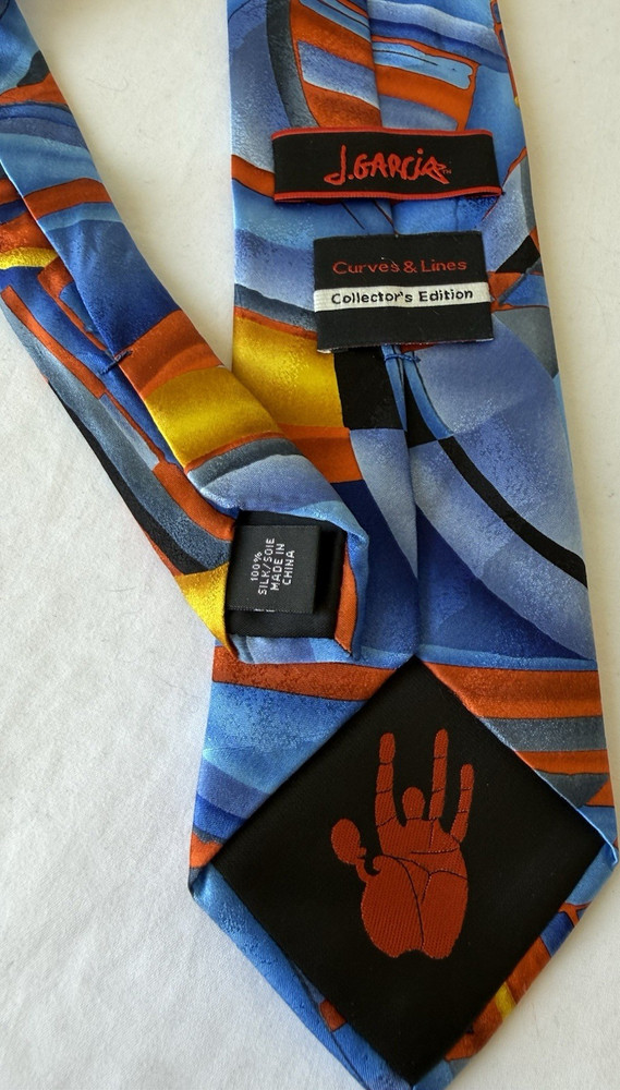 J. Garcia Men's Blue Orange Yellow Black Abstract 100% Silk Woven Tie Hand
