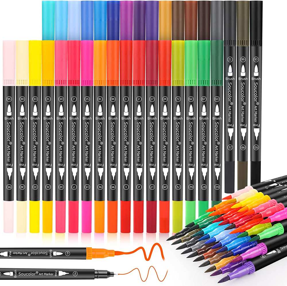 Art Brush Markers Pens for Adult Coloring Books, 34 Colors Numbered Dual Tip (Br