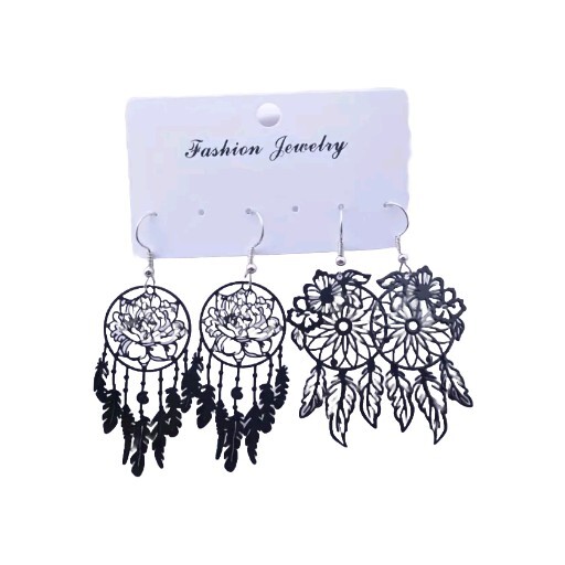 Black Peony Feather Tassel Hollow Drop Earrings Dream Catcher 2 Pr