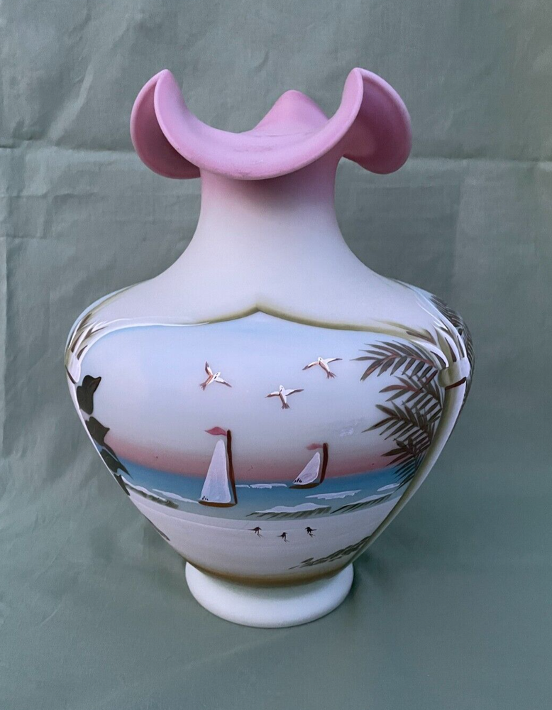 Fenton Glass Coastal Waters Vase Lotus Mist Burmese Connoisseur Collection