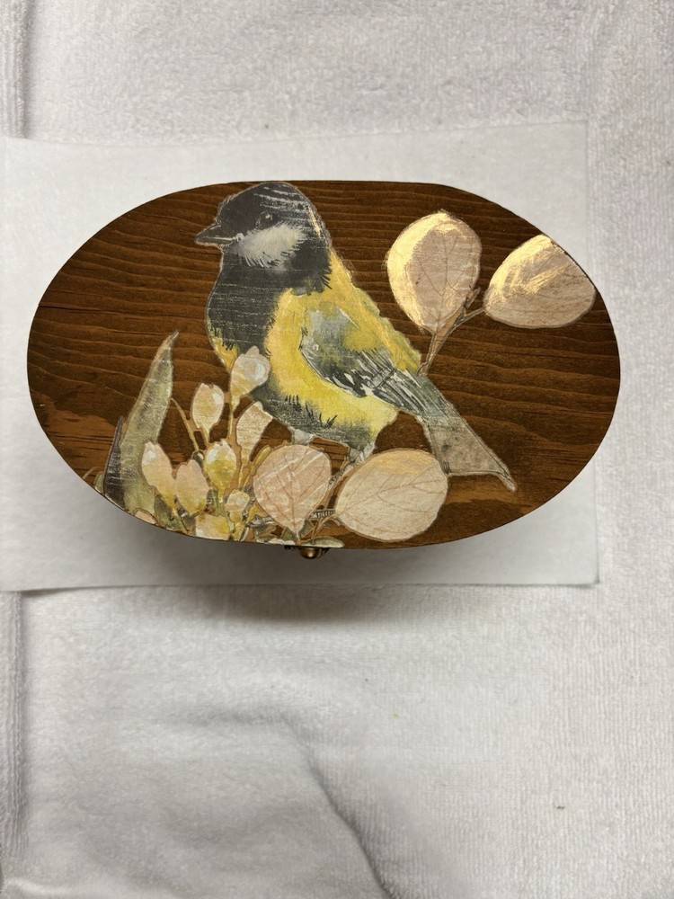 Upcycled Vintage Wooden Oval Container with Boho Bird Decor for Hobbyists