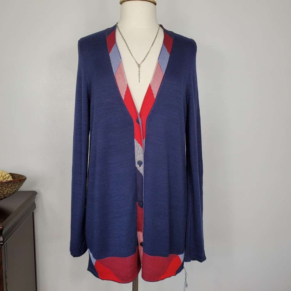 Charter Club Navy Red Button Front V-Neck Preppy Dark Academia Cardigan NWT L
